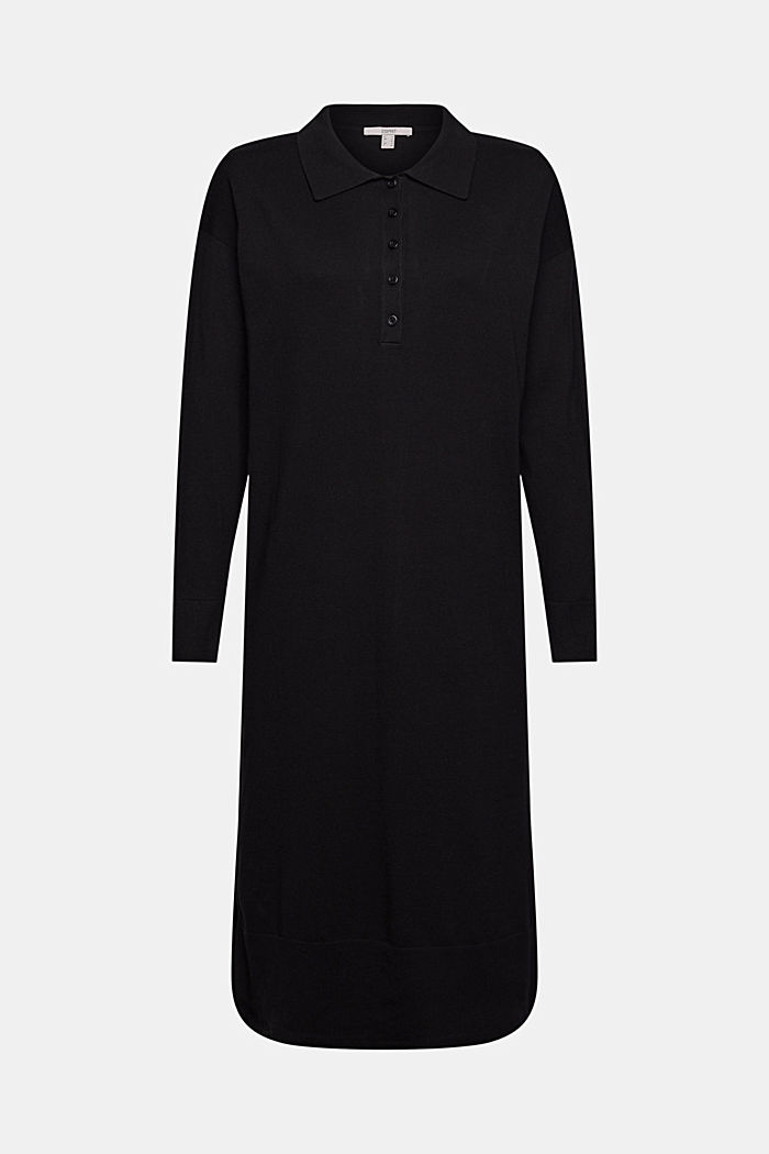 Gebreide jurk met poloshirt-look, katoenmix, BLACK, overview