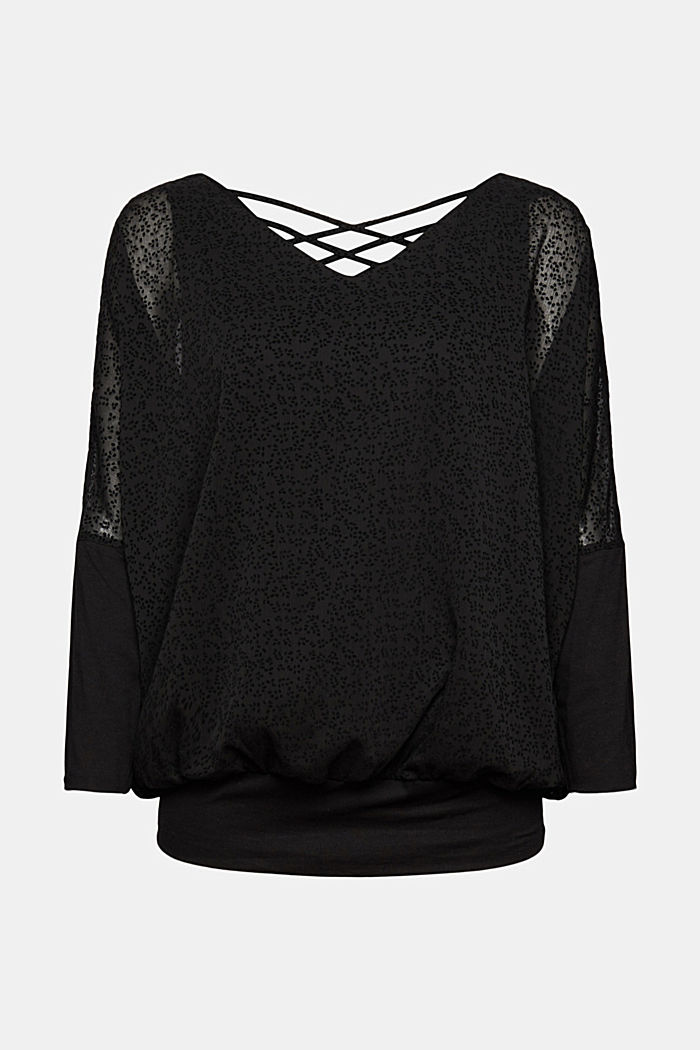Chiffon blouse met motief met fluwelen look, BLACK, overview