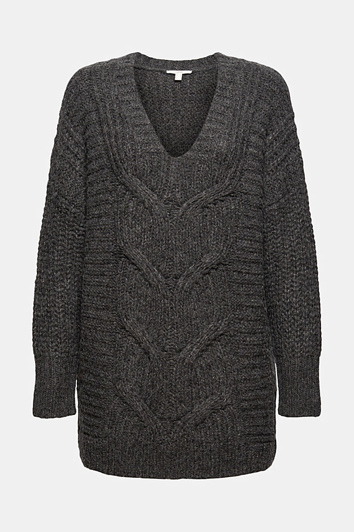 Alpaca/wool blend: cable knit jumper, ANTHRACITE, overview