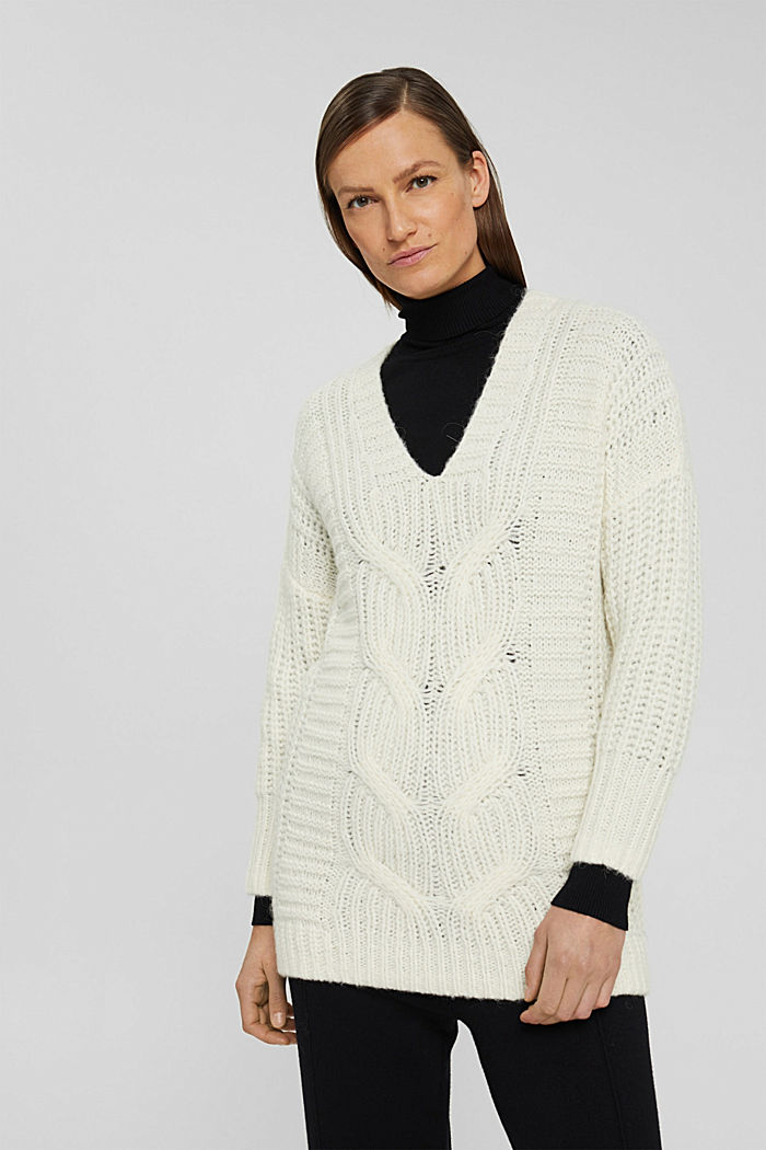 Mit Alpaka/Wolle: Zopfstrick-Pullover, OFF WHITE, detail image number 0