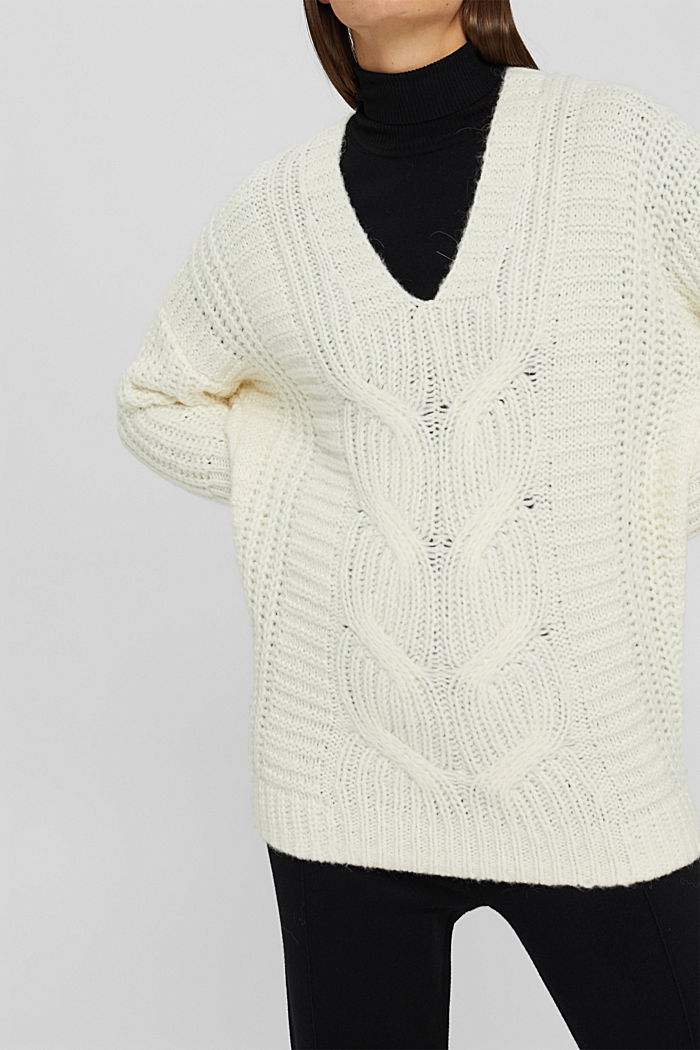 Mit Alpaka/Wolle: Zopfstrick-Pullover, OFF WHITE, detail image number 4