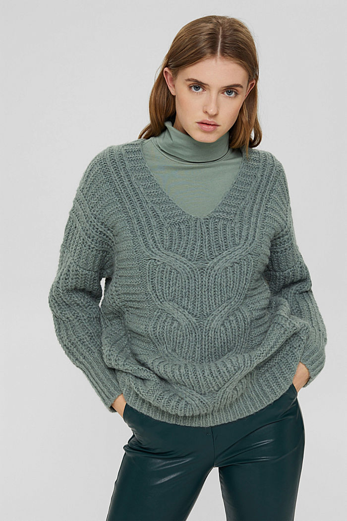 Alpaca/wool blend: cable knit jumper, DUSTY GREEN, detail image number 0
