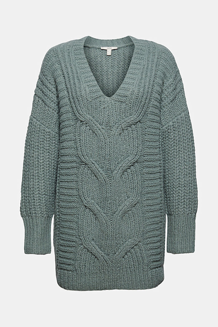 Alpaca/wool blend: cable knit jumper, DUSTY GREEN, overview