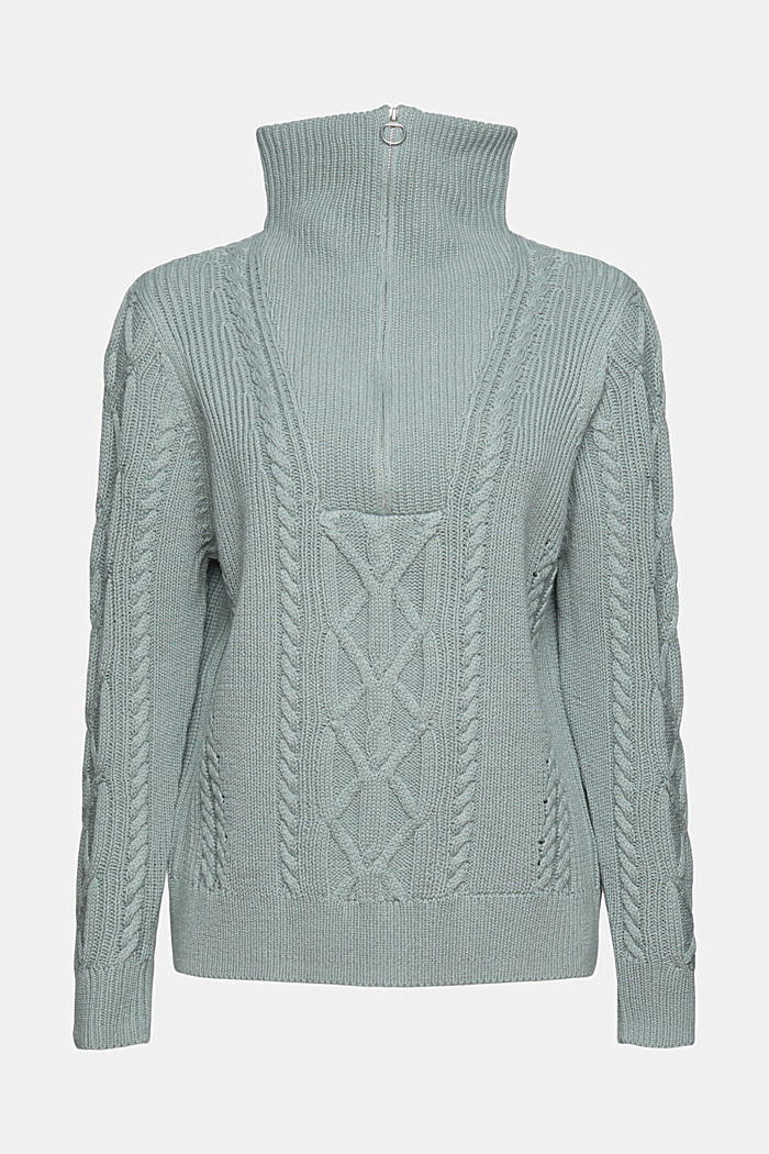 Knitted zip-neck top with a cable knit pattern