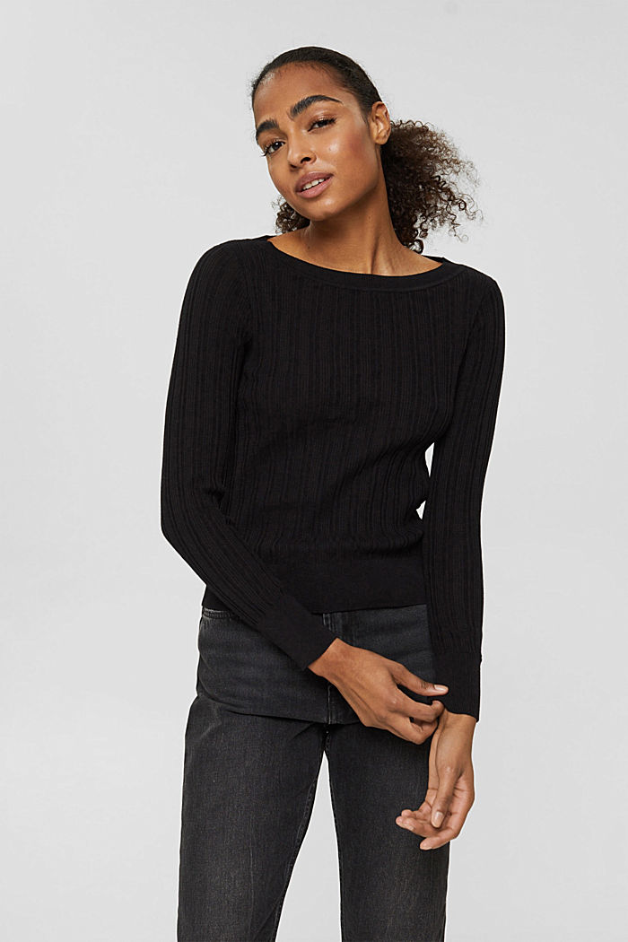 Sweter z prążkowanej dzianiny, 100% bawełny, BLACK, detail image number 0