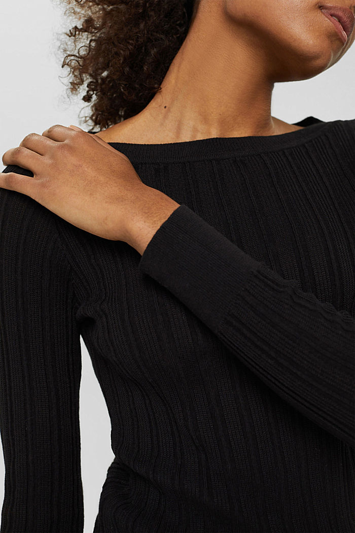 Ribgebreide trui van 100% katoen, BLACK, detail image number 2