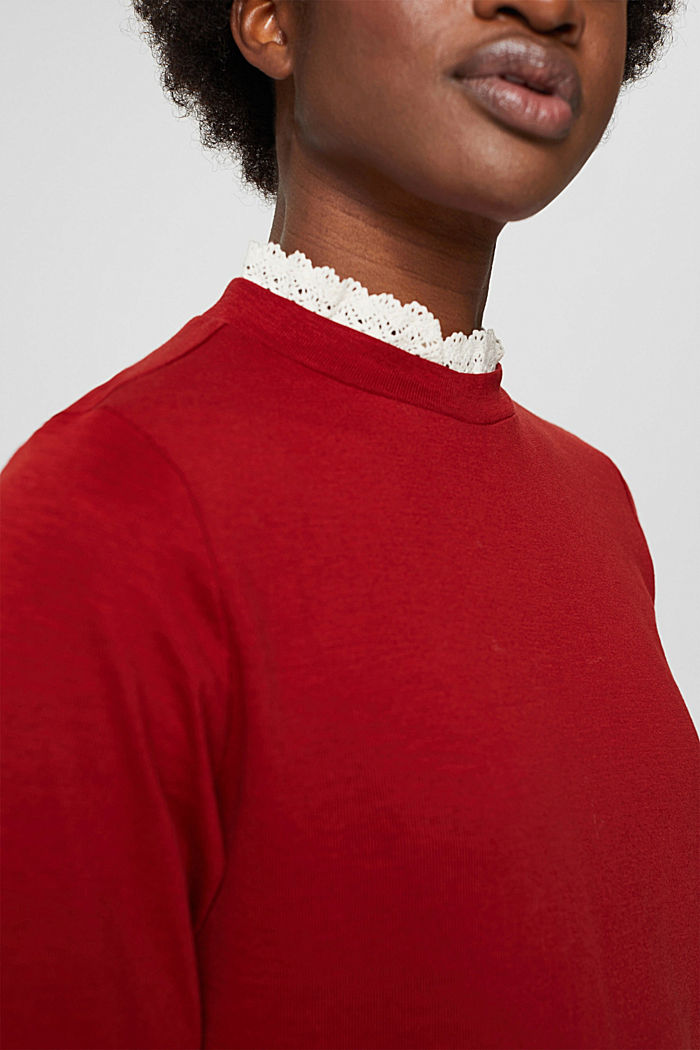 Bluzka z długim rękawem z bawełny ekologicznej z koronką, DARK RED, detail image number 2