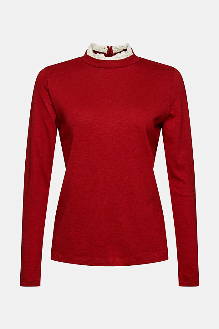 Bluzka z długim rękawem z bawełny ekologicznej z koronką, DARK RED, overview