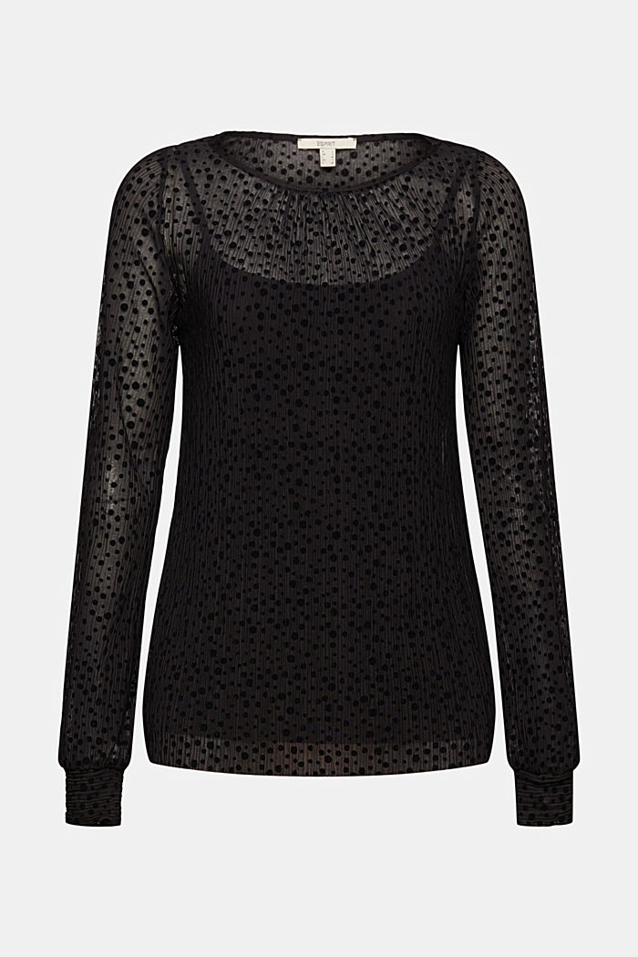 Mesh blouse met stippen met fluweellook, BLACK, overview