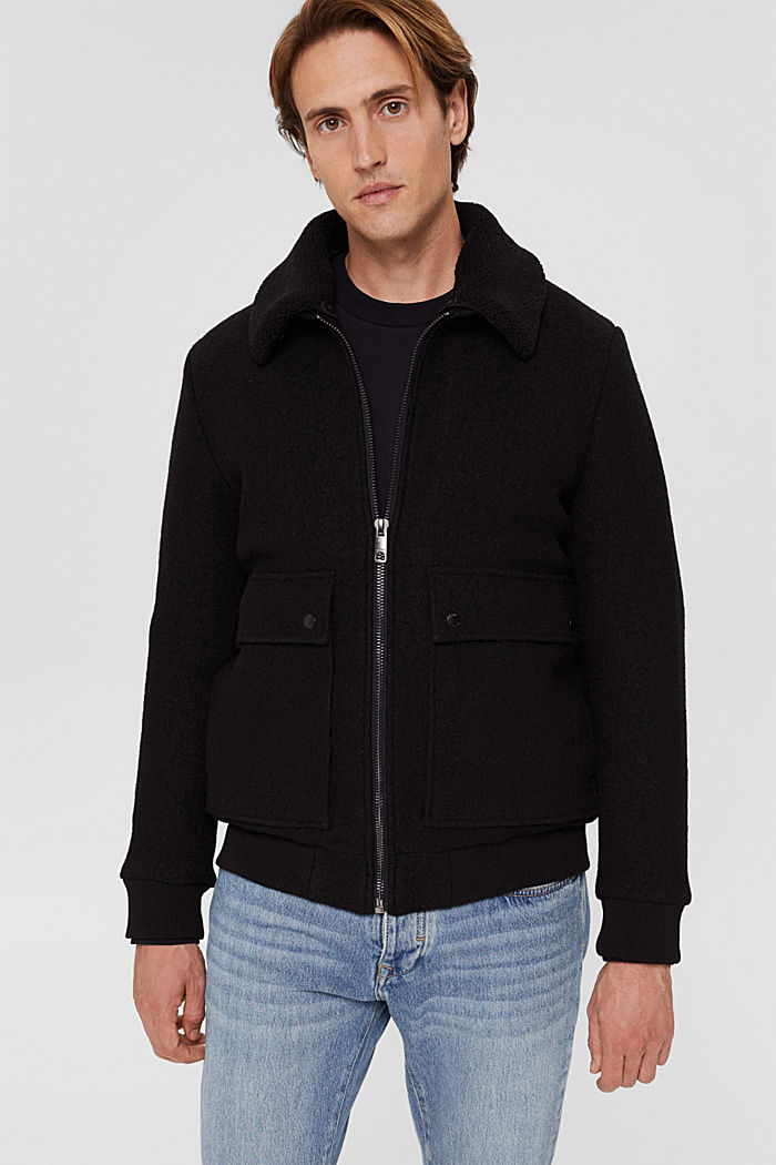 À teneur en laine : la veste à col en fourrure synthétique, BLACK, detail image number 0