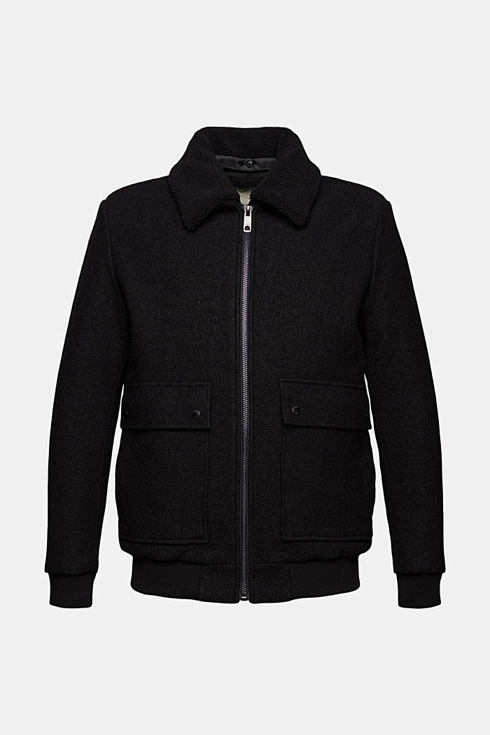 À teneur en laine : la veste à col en fourrure synthétique, BLACK, overview