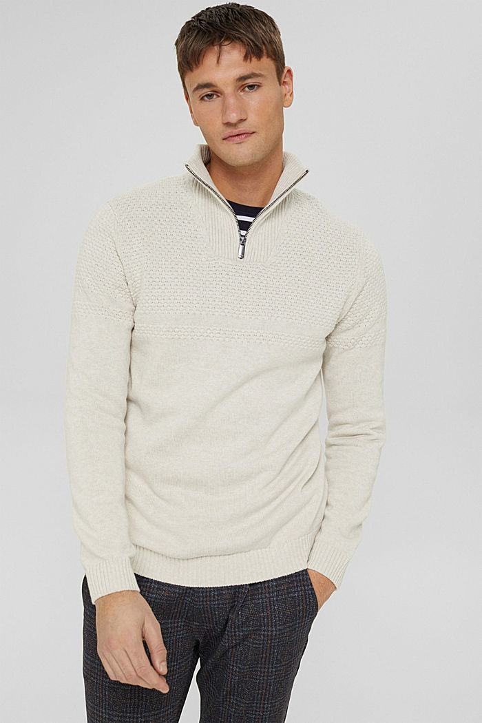 Zip-neck with textured knit pattern, organic cotton
