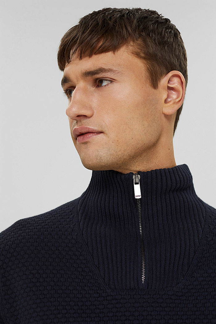 Jersey con cuello de cremallera y diseño de punto texturizado, algodón ecológico
