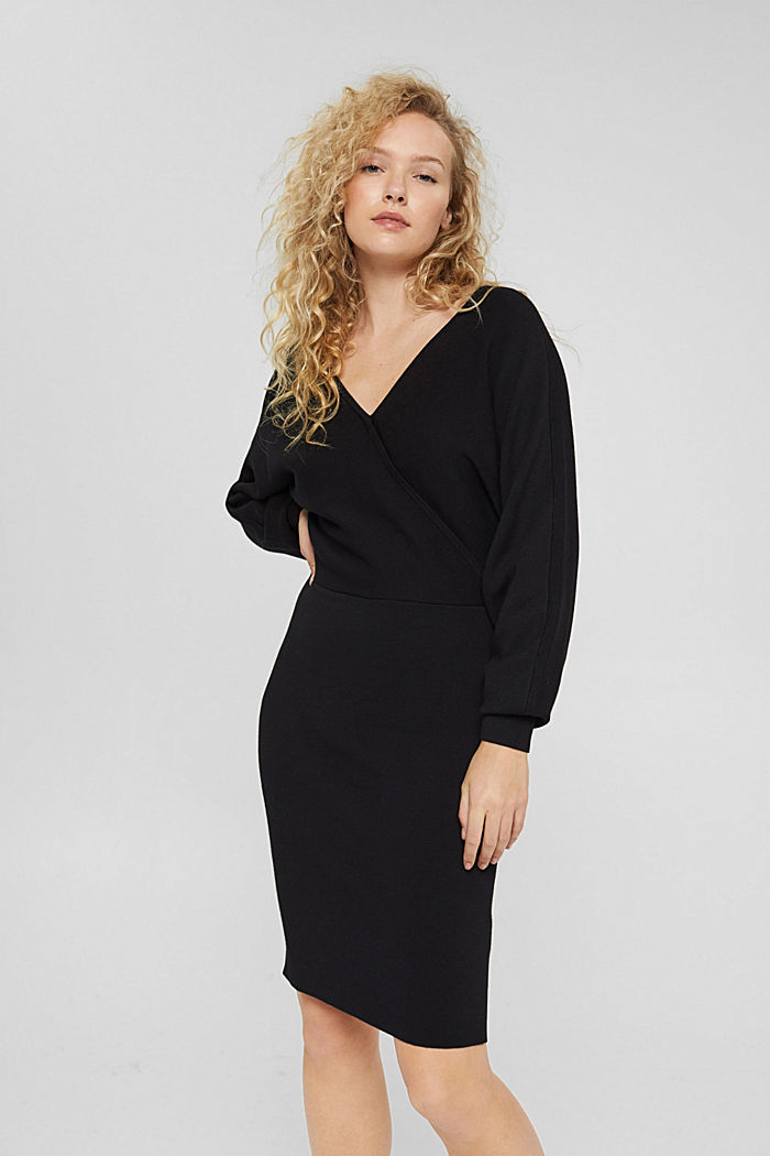 Gebreide jurk met wikkellook, LENZING™ ECOVERO™, BLACK, overview