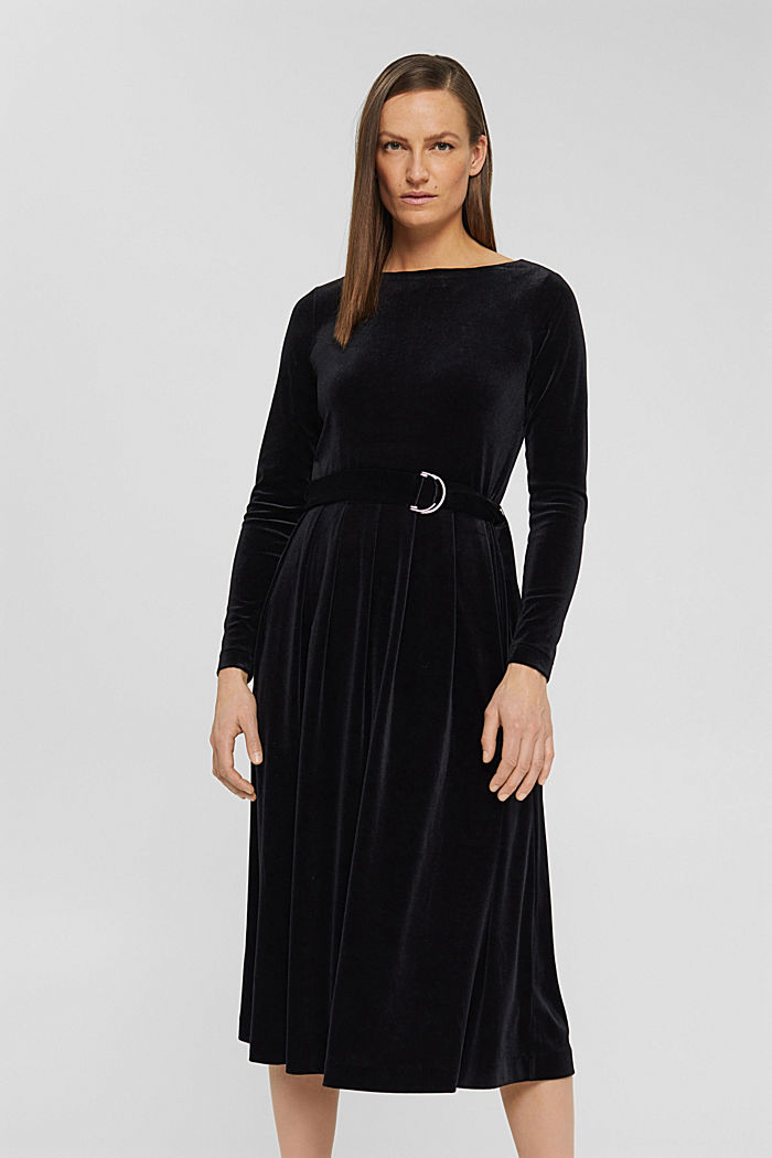Fluwelen midi-jurk met ceintuur, BLACK, detail image number 0