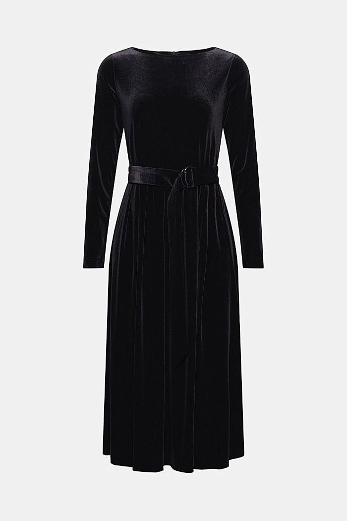 Fluwelen midi-jurk met ceintuur, BLACK, overview