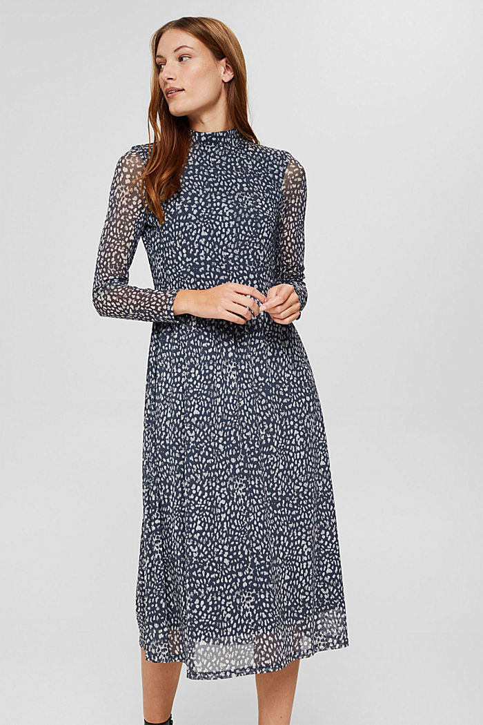 Mesh jurk met print in midilengte, DARK BLUE, detail image number 0