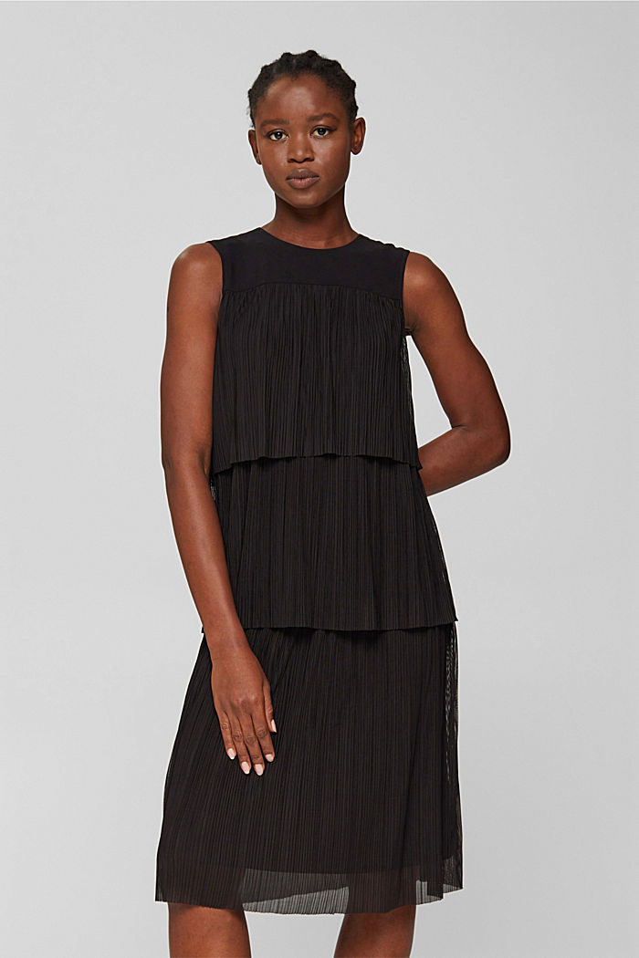 Geplooide jurk met volants, BLACK, detail image number 0