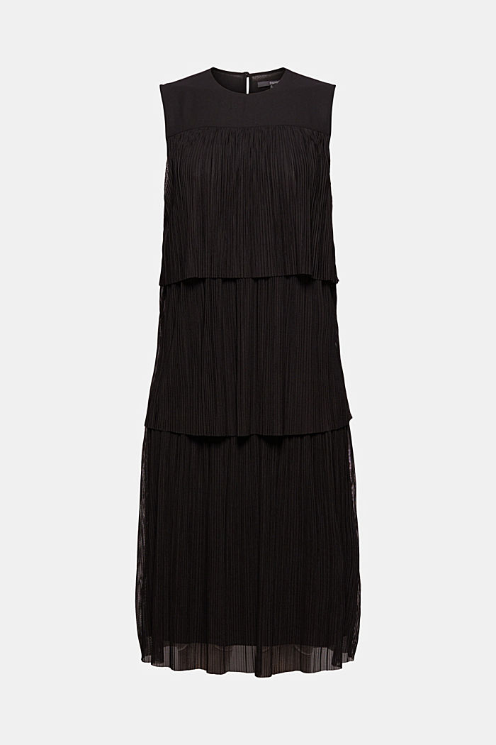 Geplooide jurk met volants, BLACK, overview