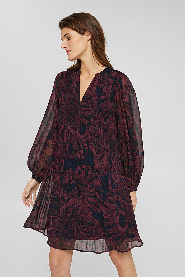 Recycelt: plissiertes Kleid mit Print, BORDEAUX RED, detail image number 0
