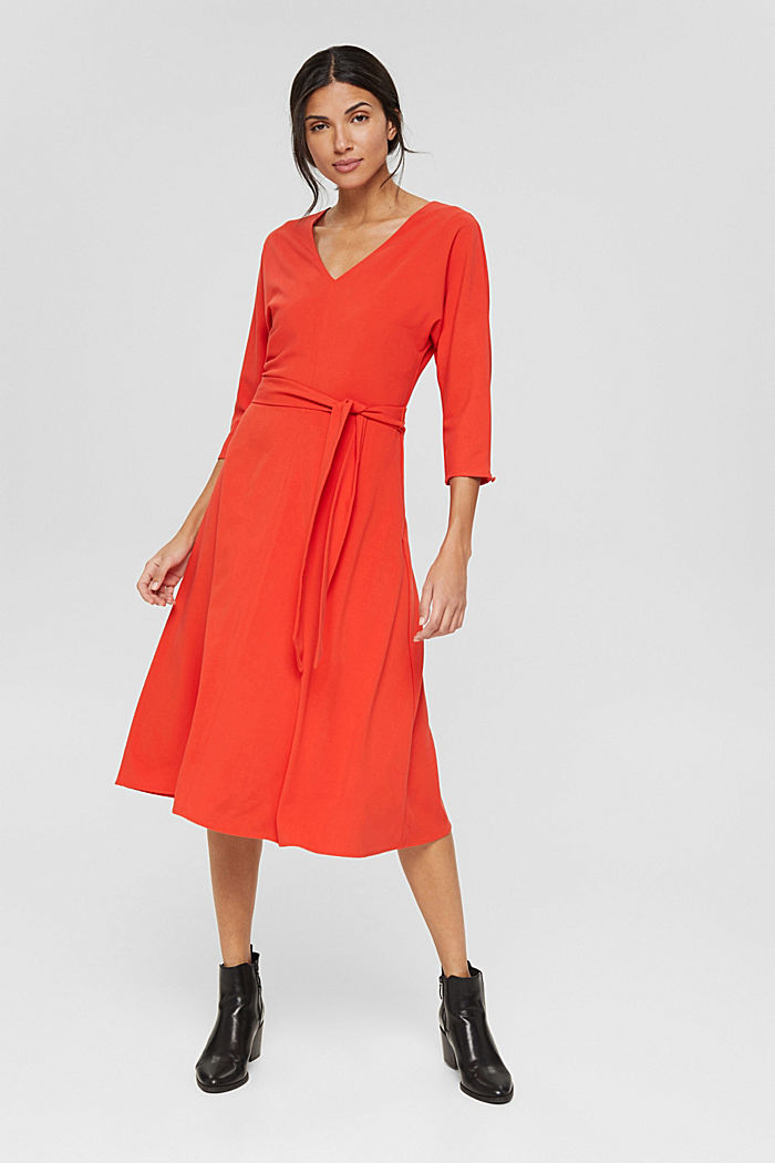 En matières recyclées : robe longueur midi à ceinture à nouer, ORANGE RED, detail image number 0