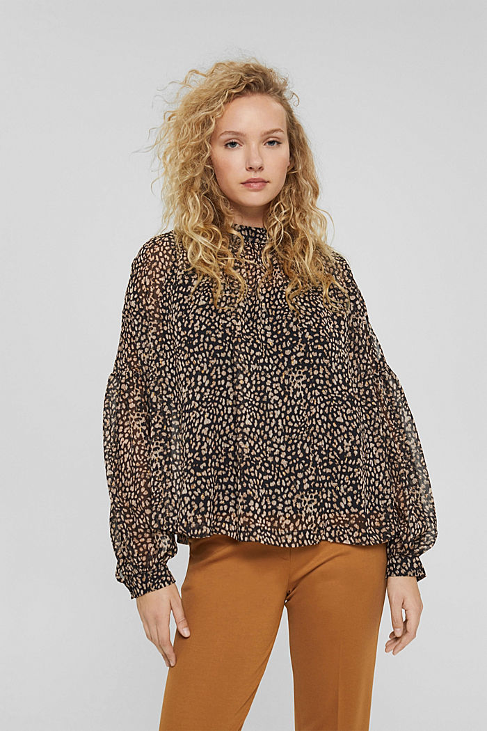 Gerecycled: blouse met luipaardprint en splitten op de bovenarmen, BLACK, detail image number 0