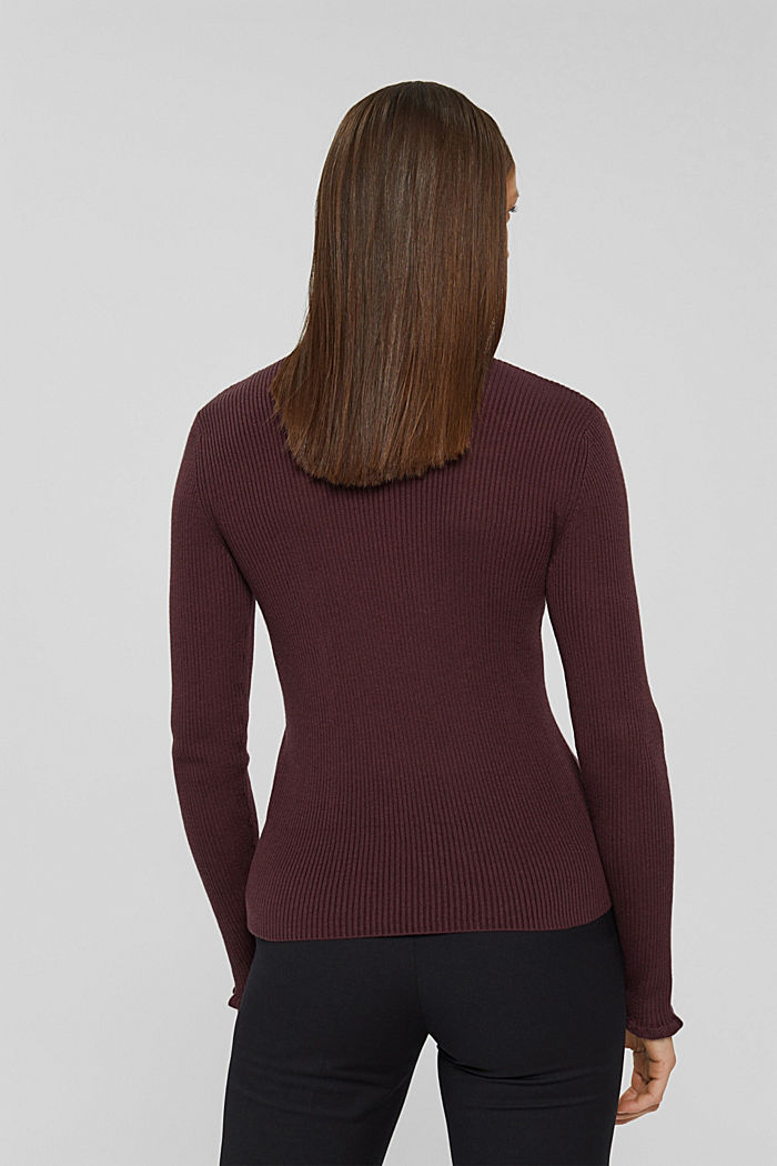 Mit Wolle: gerippter Pullover mit Rüschen, BORDEAUX RED, detail image number 3