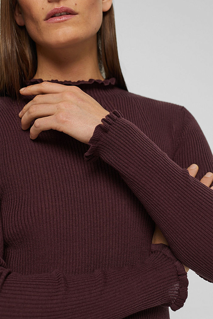 Mit Wolle: gerippter Pullover mit Rüschen, BORDEAUX RED, detail image number 2