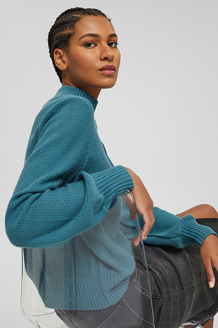 Jumper in textured knit fabric with band collar, PETROL BLUE, detail image number 5