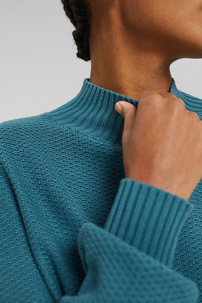 Jumper in textured knit fabric with band collar, PETROL BLUE, detail image number 2