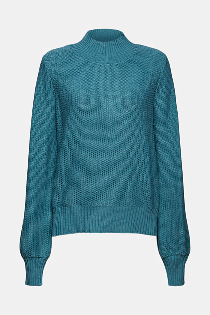 Jumper in textured knit fabric with band collar, PETROL BLUE, overview