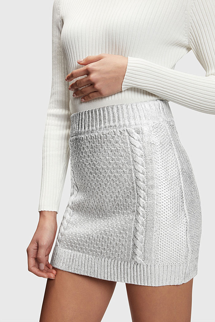 Metallic cable knit mini skirt, SILVER, detail-asia image number 3