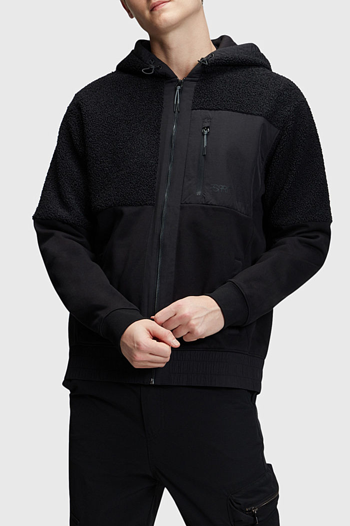 Mixed material zip-up hoodie, BLACK, detail-asia image number 0