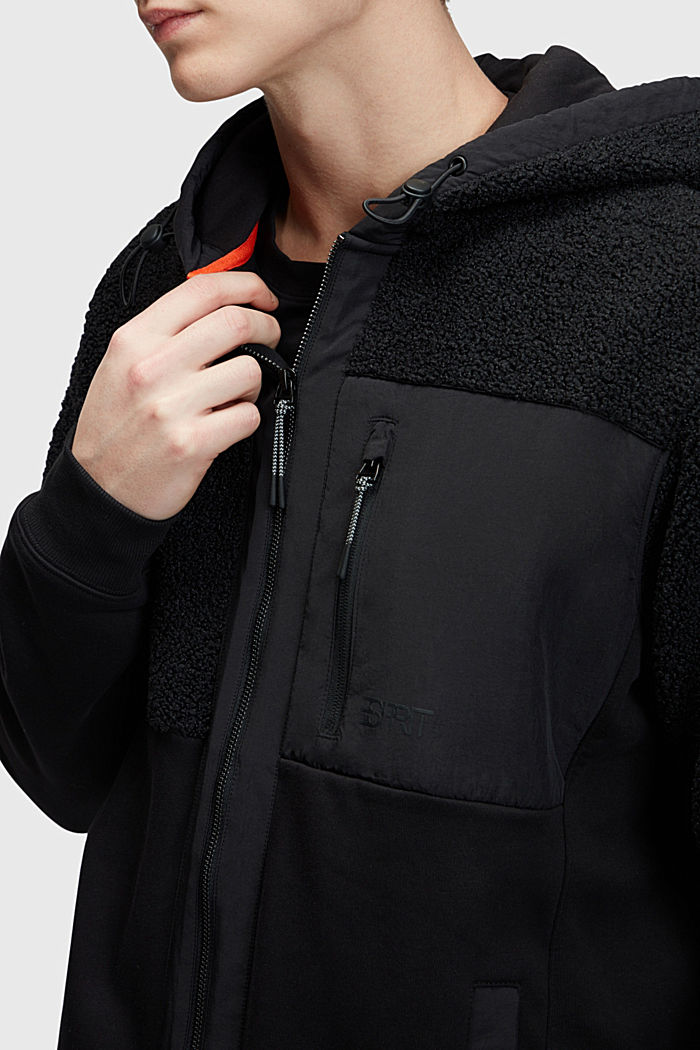 Mixed material zip-up hoodie, BLACK, detail-asia image number 2