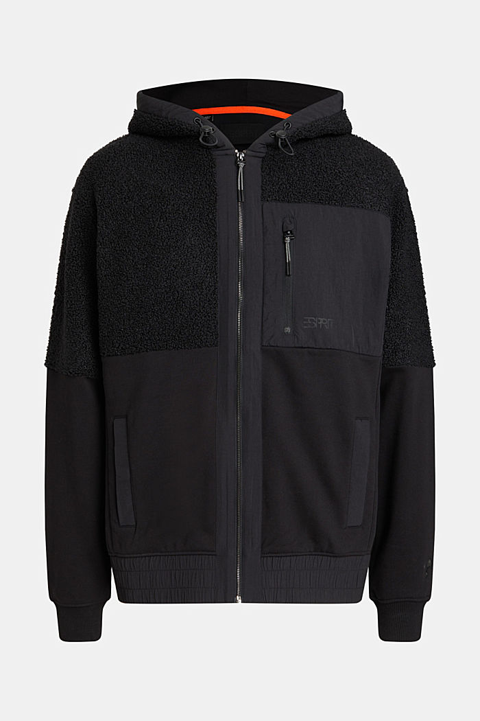 Mixed material zip-up hoodie, BLACK, detail-asia image number 4