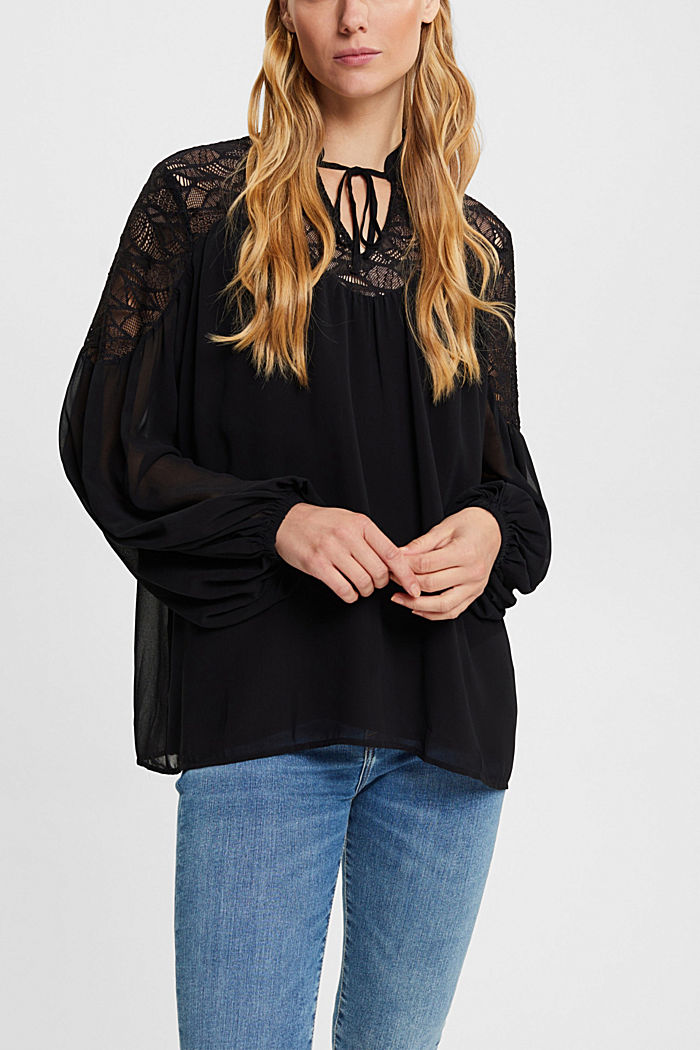 Chiffon blouse with lace, BLACK, detail-asia image number 0