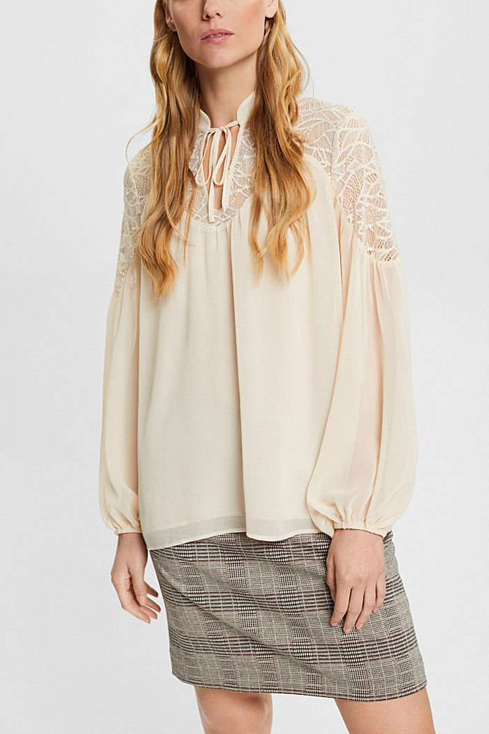 Chiffon blouse with lace, DUSTY NUDE, detail-asia image number 0