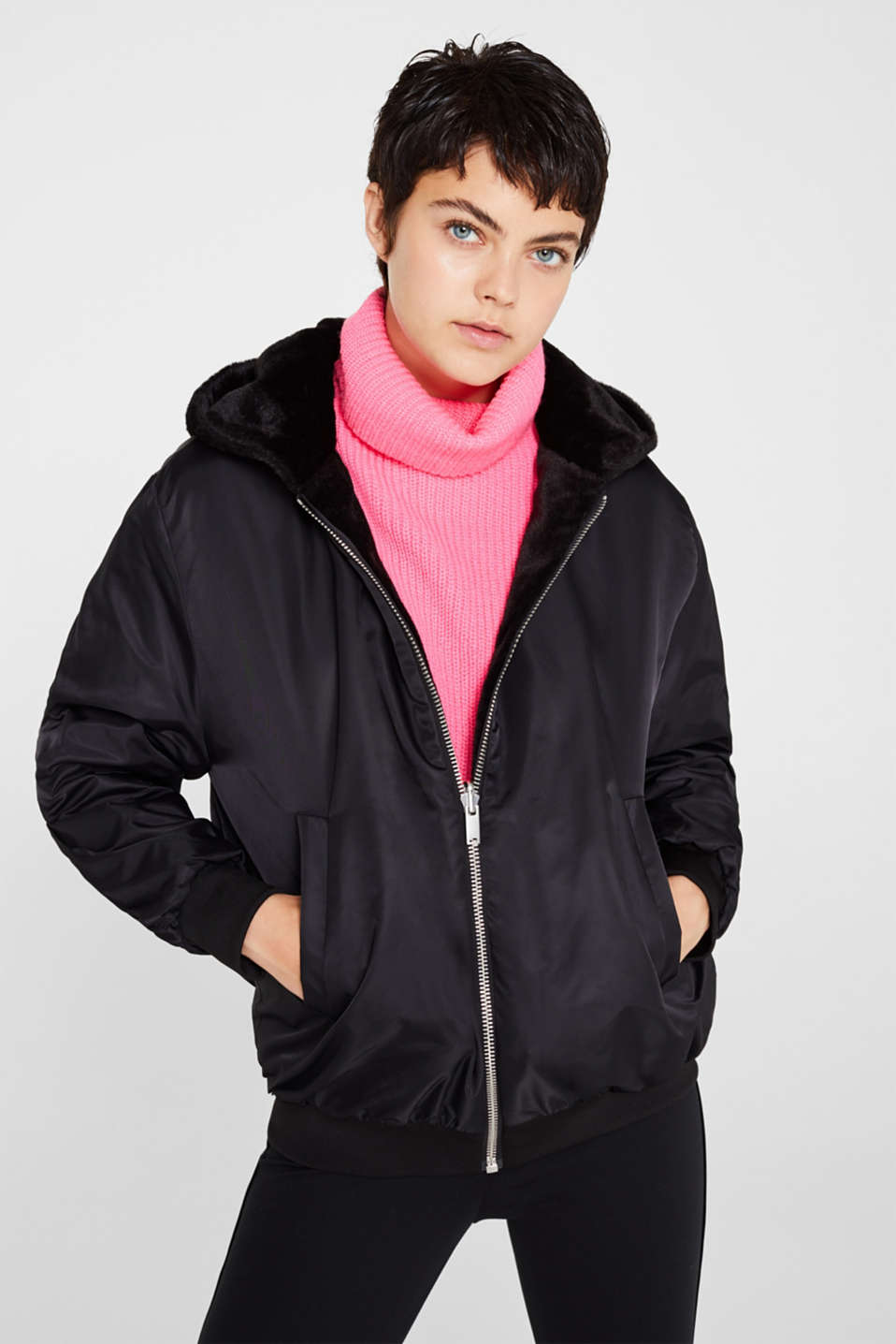 edc Reversible jacket with a faux fur side and hood at our edc Reversible jacket with a faux fur side and hood at our