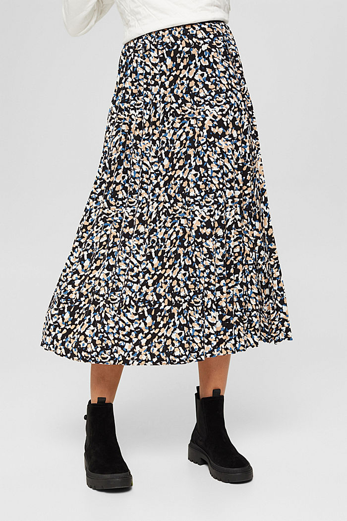 Pleated midi skirt with a print, made of recycled material, BLUE, detail image number 0