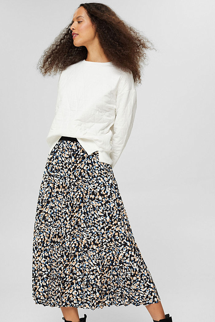 Pleated midi skirt with a print, made of recycled material, BLUE, overview