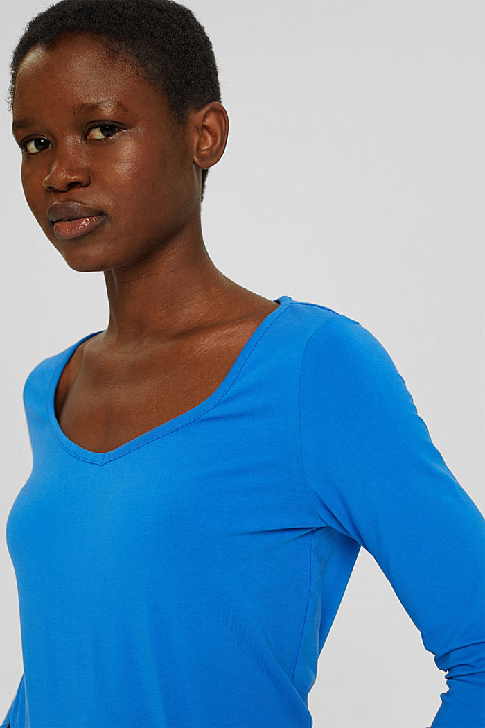 T-shirt à manches longues et encolure en V, coton biologique, BLUE, detail image number 5