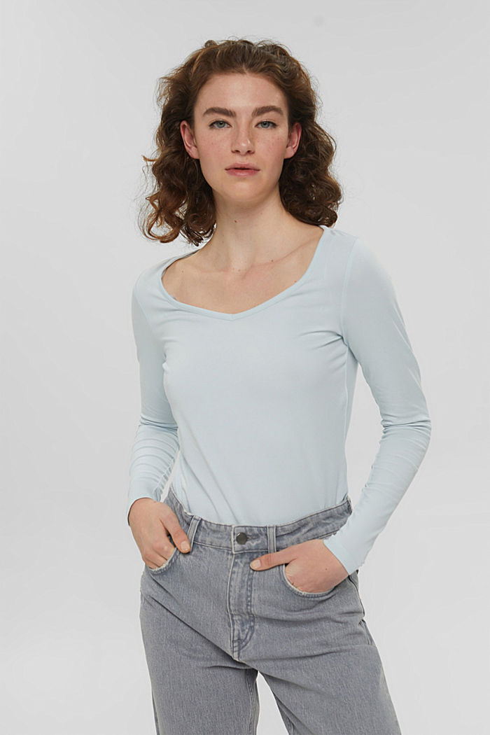 T-shirt à manches longues et encolure en V, coton biologique, PASTEL BLUE, detail image number 0