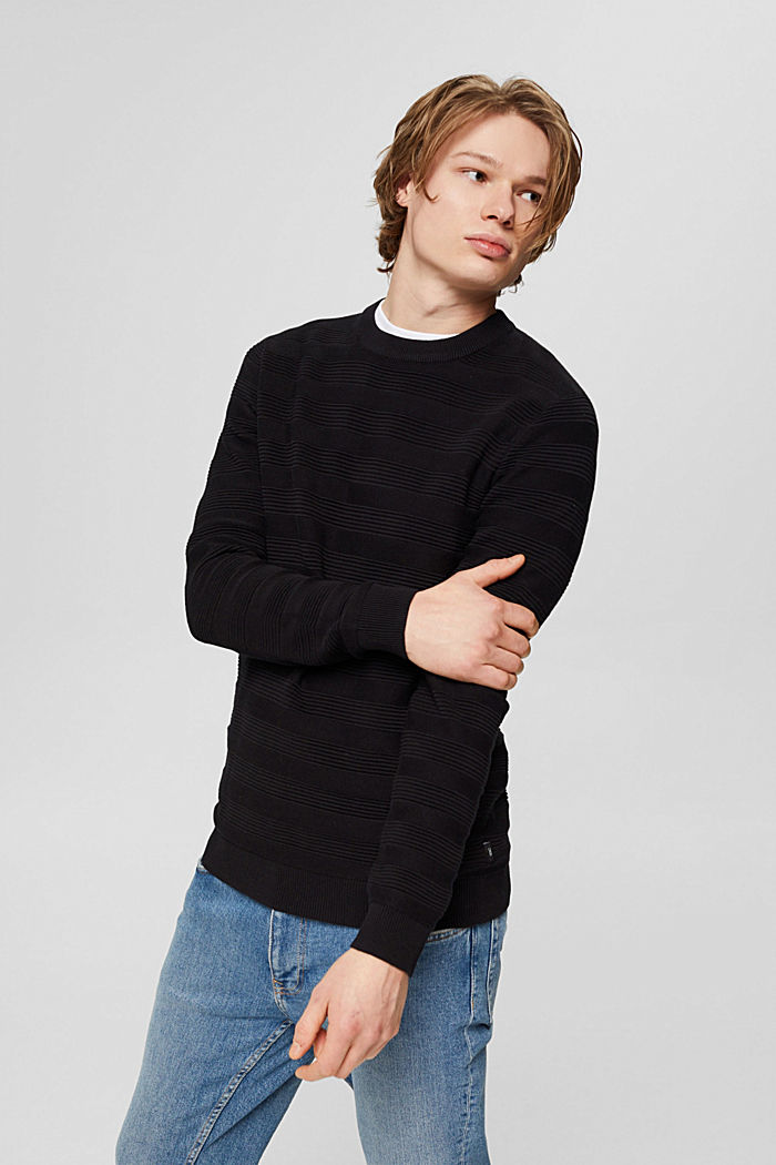 Sweter w paski z prążkowanej dzianiny, bawełna ekologiczna, BLACK, detail image number 0
