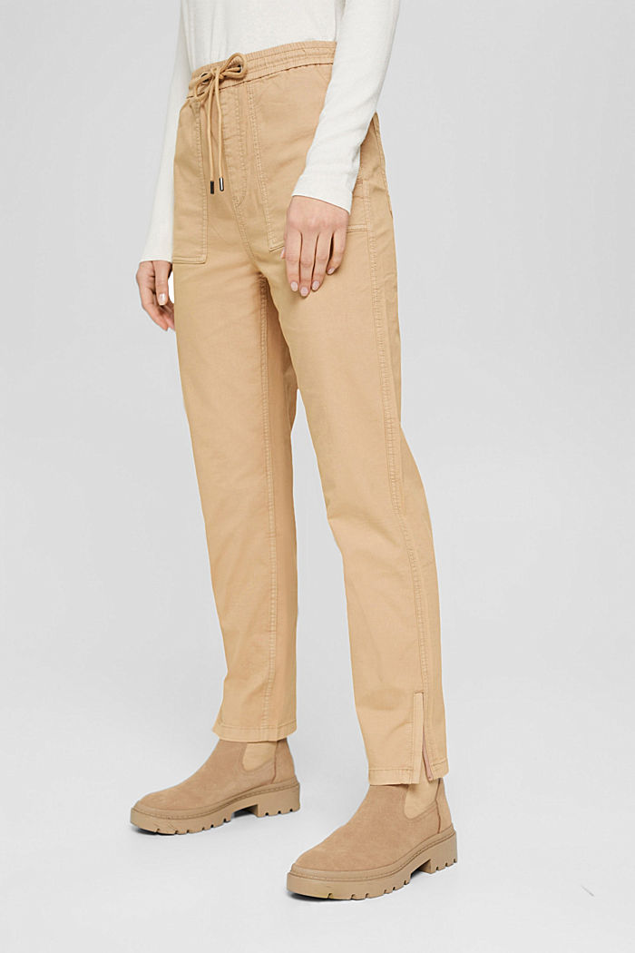 Elastyczne spodnie z gumką w pasie, bawełna organiczna, SAND, detail image number 0
