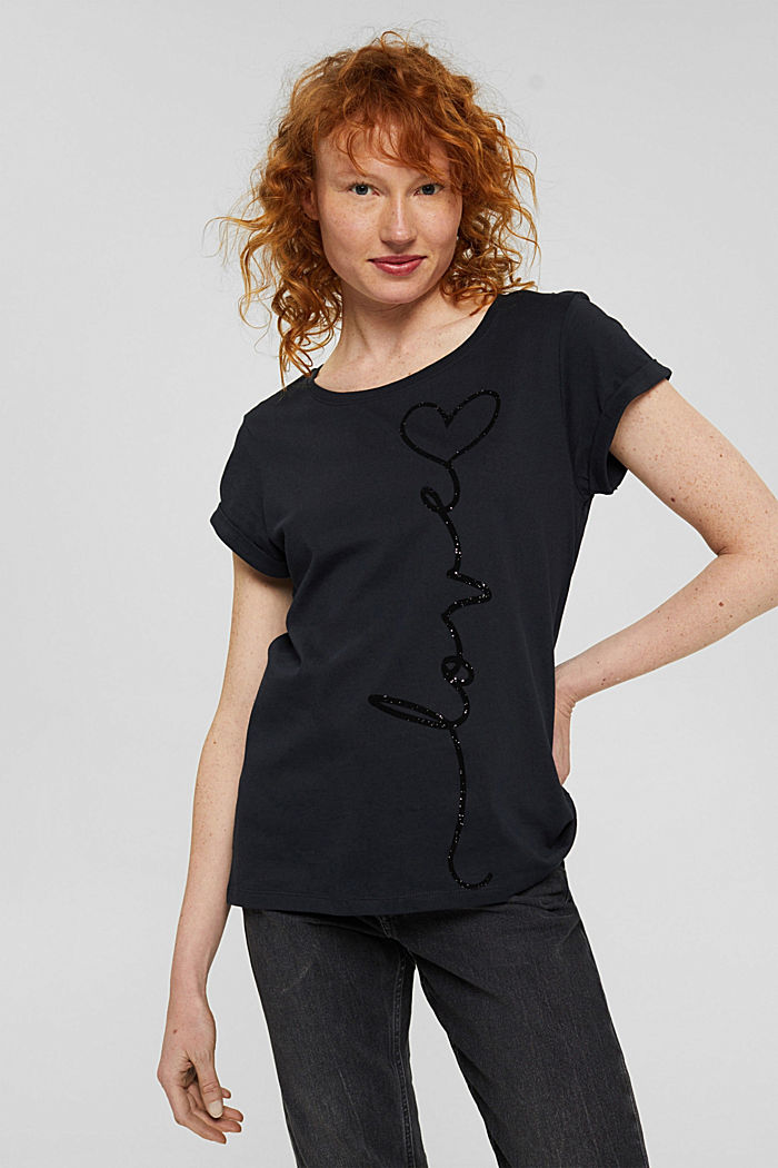 T-Shirt mit samtigem Print, Organic Cotton, BLACK, detail image number 0