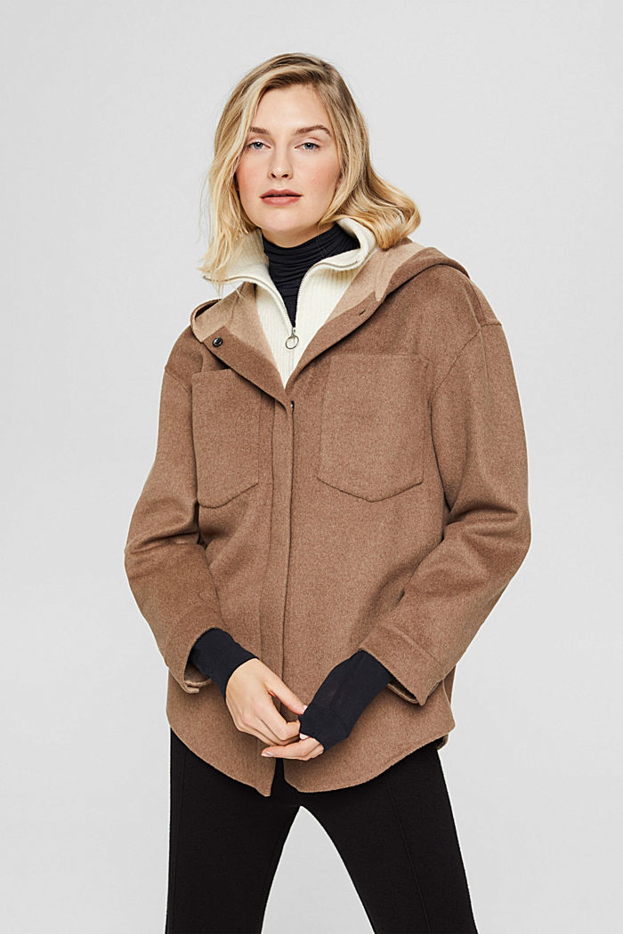 Z recyklovaného materiálu: košilová bunda s kapucí, ze směsi s vlnou