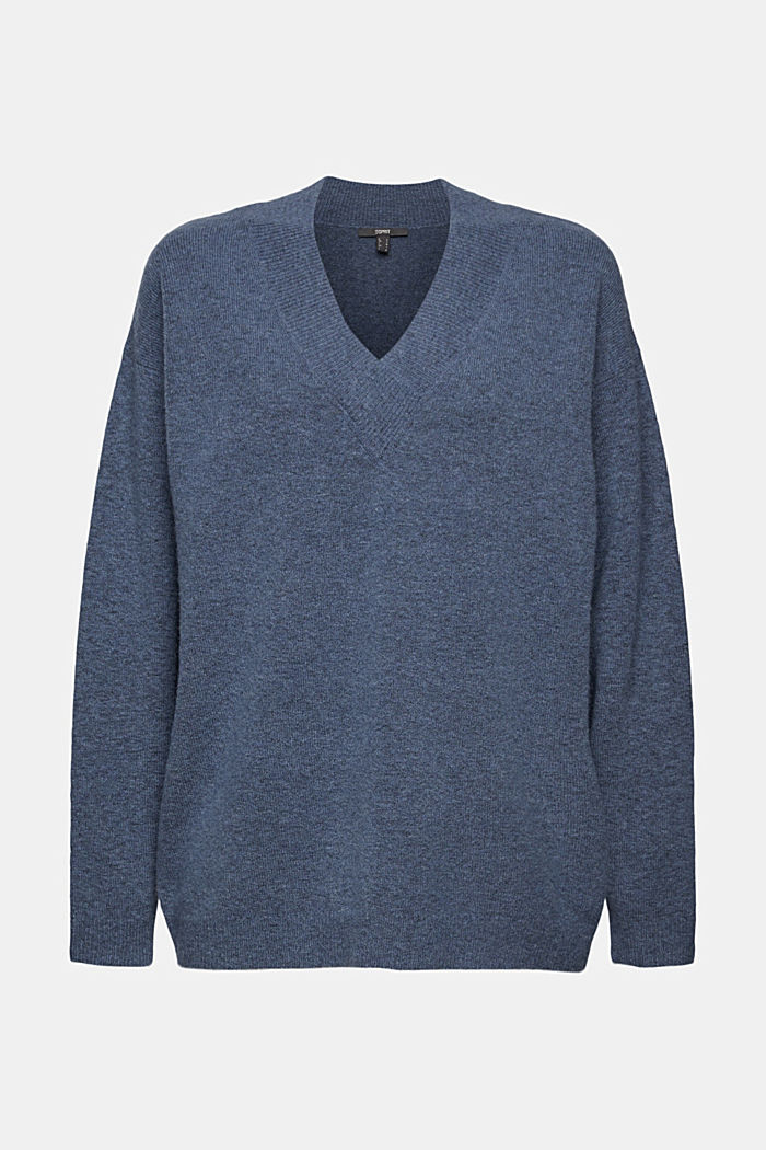 Z wełną jagnięcą: sweter z dekoltem w serek, PETROL BLUE, overview