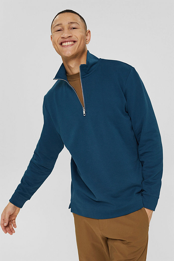Sweat-shirt à col zippé, en coton, PETROL BLUE, detail image number 0