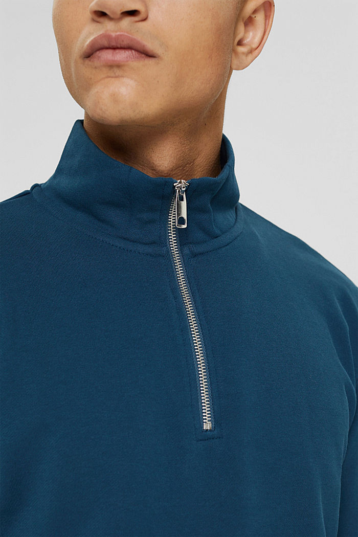 Sweat-shirt à col zippé, en coton, PETROL BLUE, detail image number 2