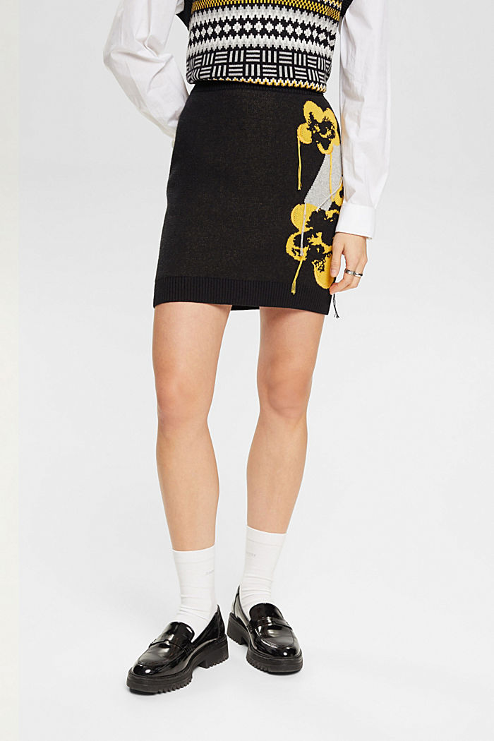 Knitted mini skirt with floral jacquard, BLACK, detail-asia image number 0